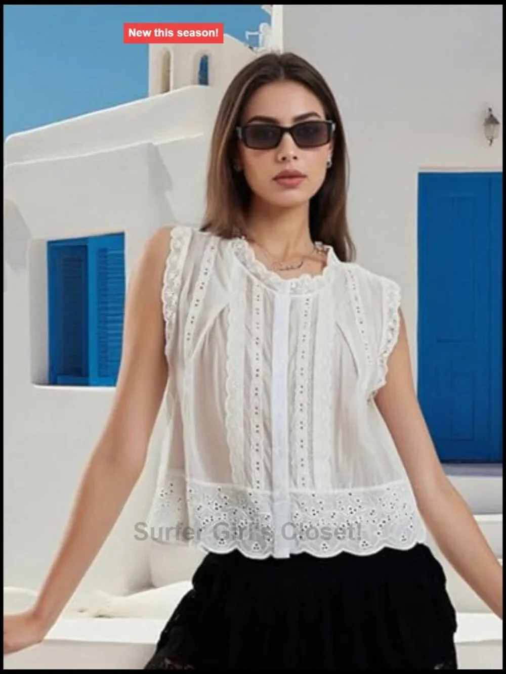 Women's Sleeveless Button Down Tank Top Lace Patchwork Scoop Neck Vest
